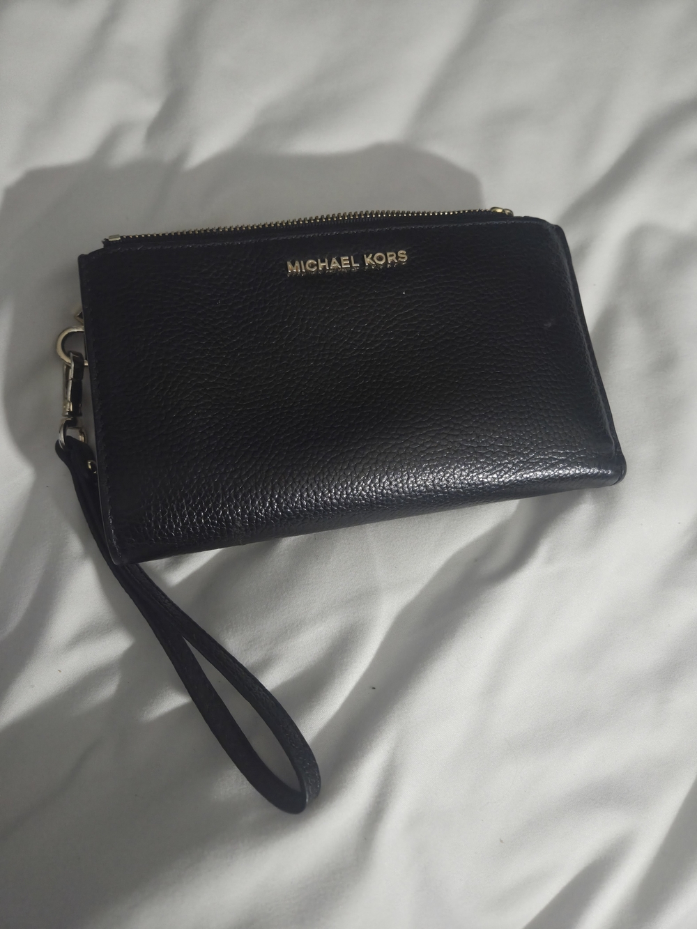 Michael Kors Black Leather Zip Wristlet with Gold Logo